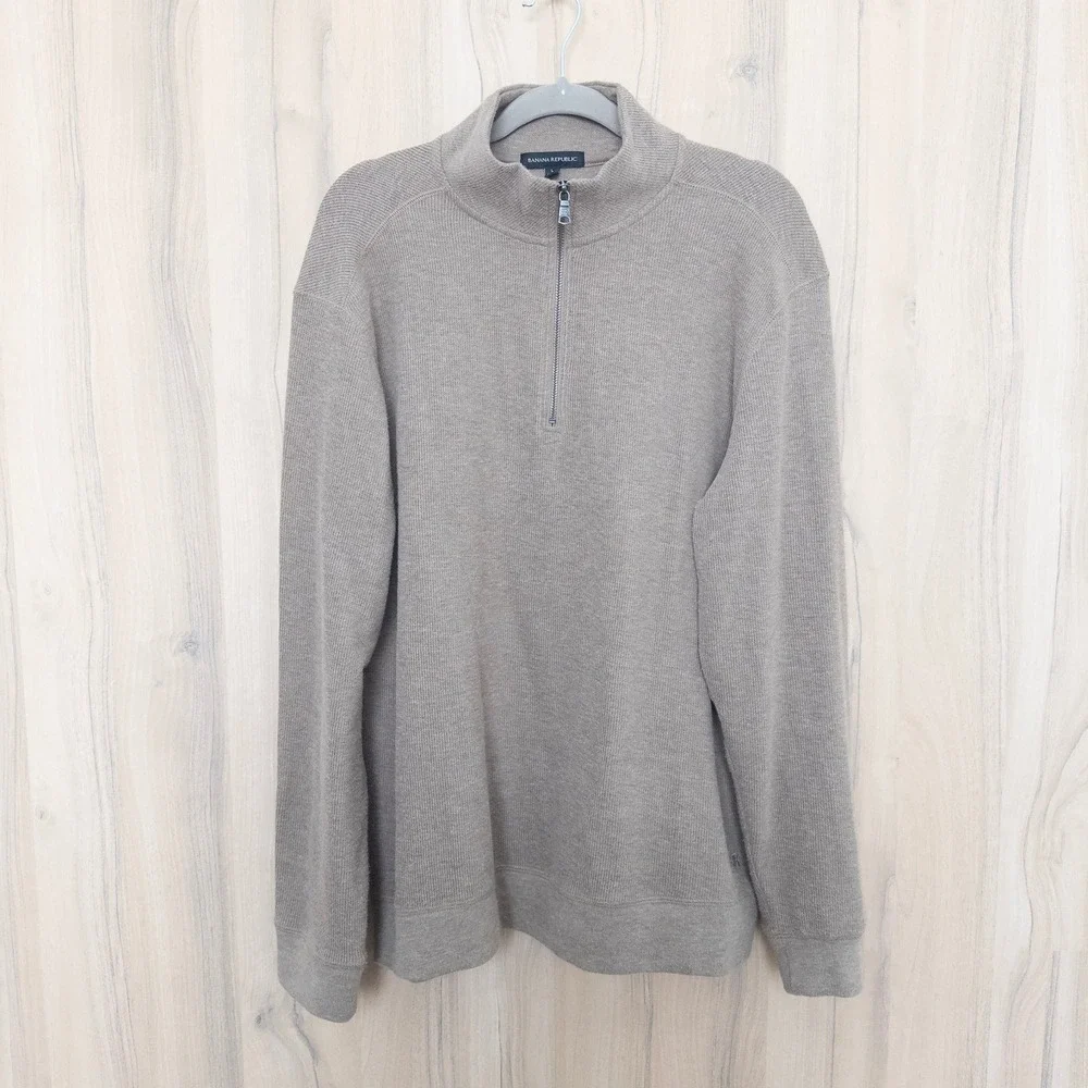 Banana Republic Mens Quarter Zip Pullover Size L Tan Quiet Luxury Preppy Minimal